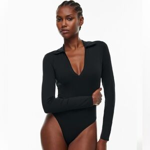 Babaton Contour Polo Black V-Neck Long Sleeve Bodysuit